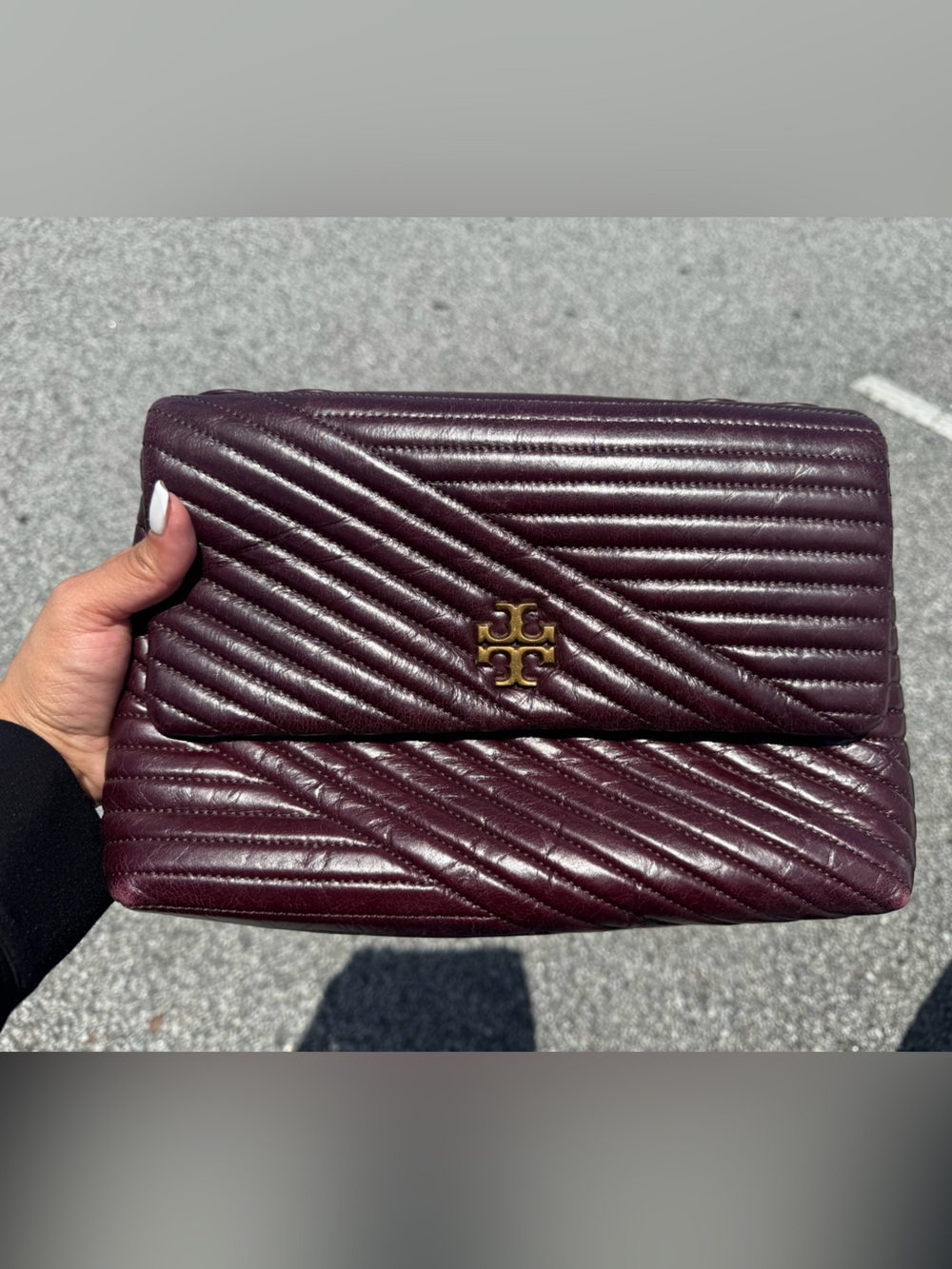 Tory Burch Quilted Chevron Convertible Clutch in Deep Burgundy with Gold Logo